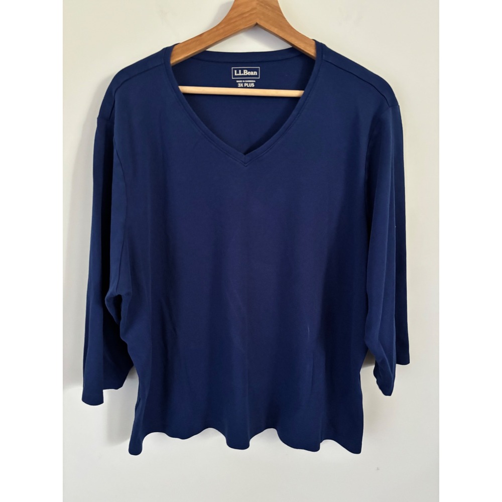 LL Bean Womens 3X Plus Royal Blue V-Neck 3/4 Sleeve Cotton Knit Top 244336
